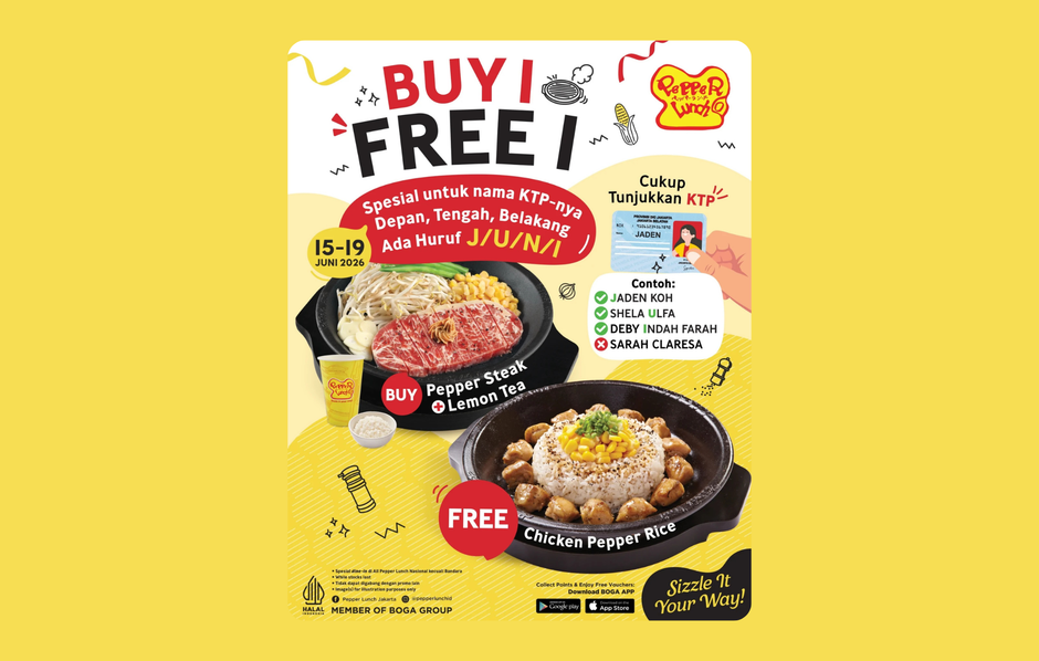 Pepper Lunch - Buy 1 Free 1 untuk semua yang memiliki inisial nama depan J, U, N, I (Hingga 19 Juni 2026)