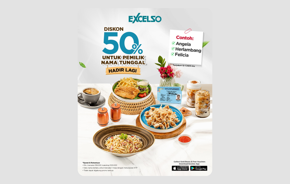 Excelso - Diskon 50% Untuk Pemilik Nama Tunggal (Hingga 18 Juni 2026)